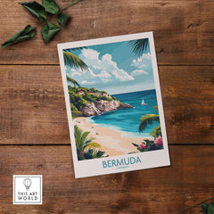 Bermuda Travel Poster showcasing a beach with vibrant colors and palm trees, evoking island paradise beauty.