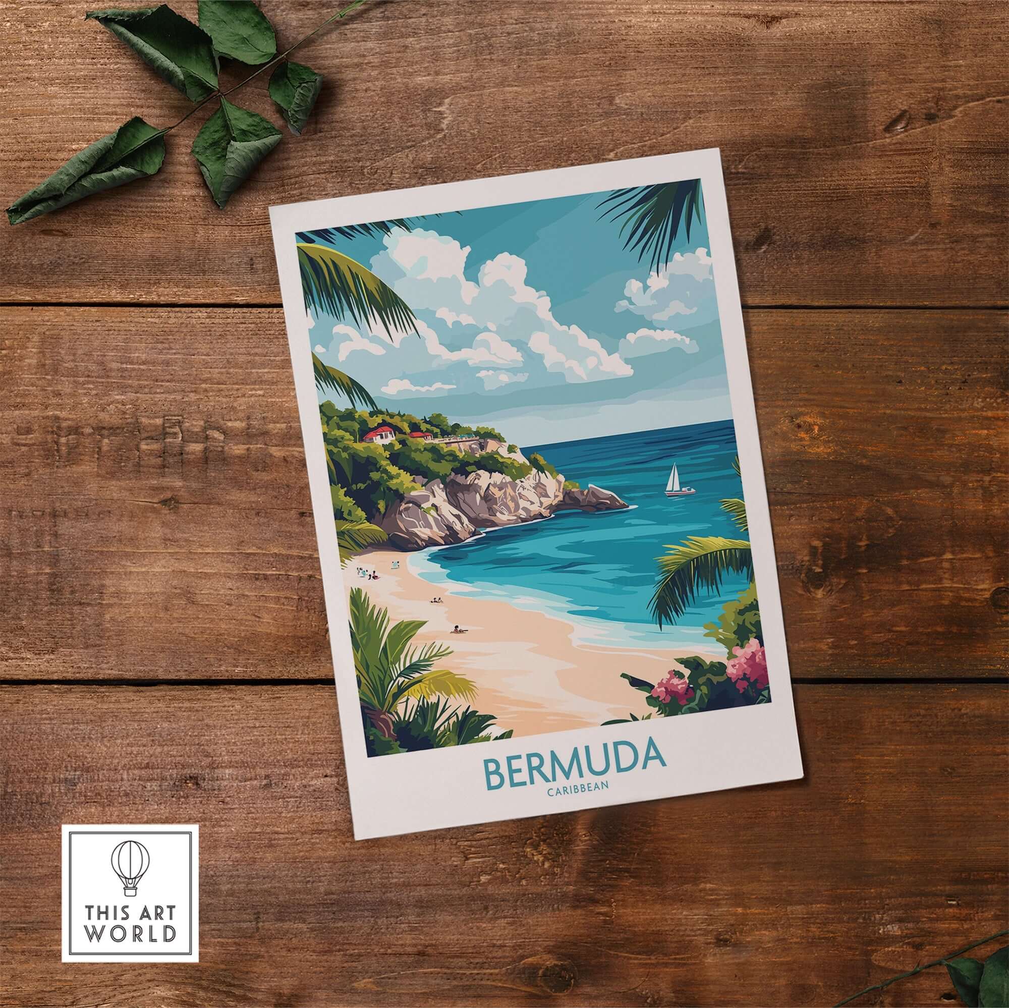 Bermuda Travel Poster showcasing a beach with vibrant colors and palm trees, evoking island paradise beauty.