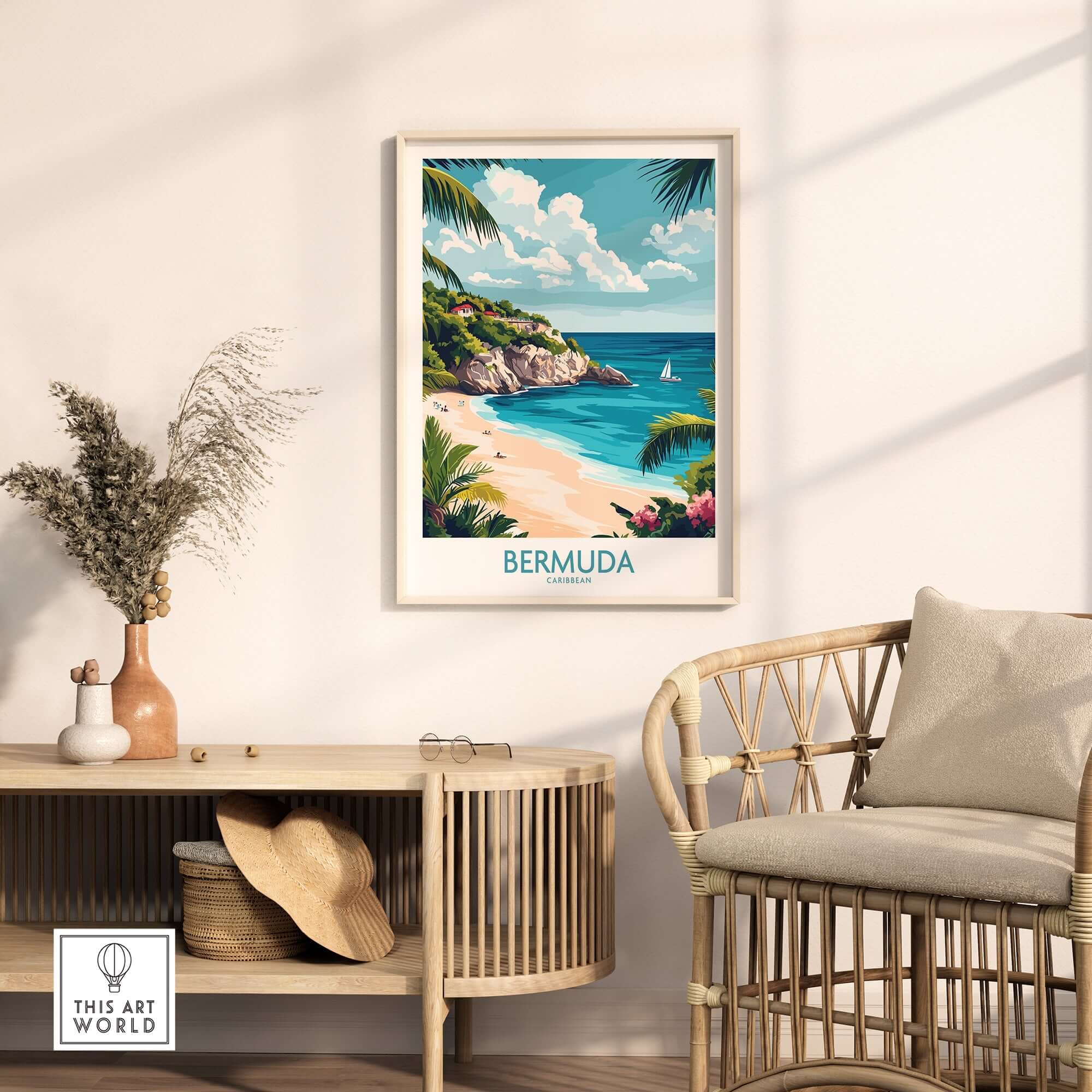 Bermuda Travel Poster featuring a scenic beach view with vibrant colors and tropical elements.