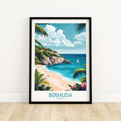 Bermuda Travel Poster featuring a serene beach scene with vibrant colors and a tropical paradise backdrop.