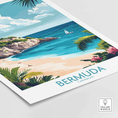 Bermuda Travel Poster showcasing vibrant beach scenery with tropical plants and crystal clear waters.