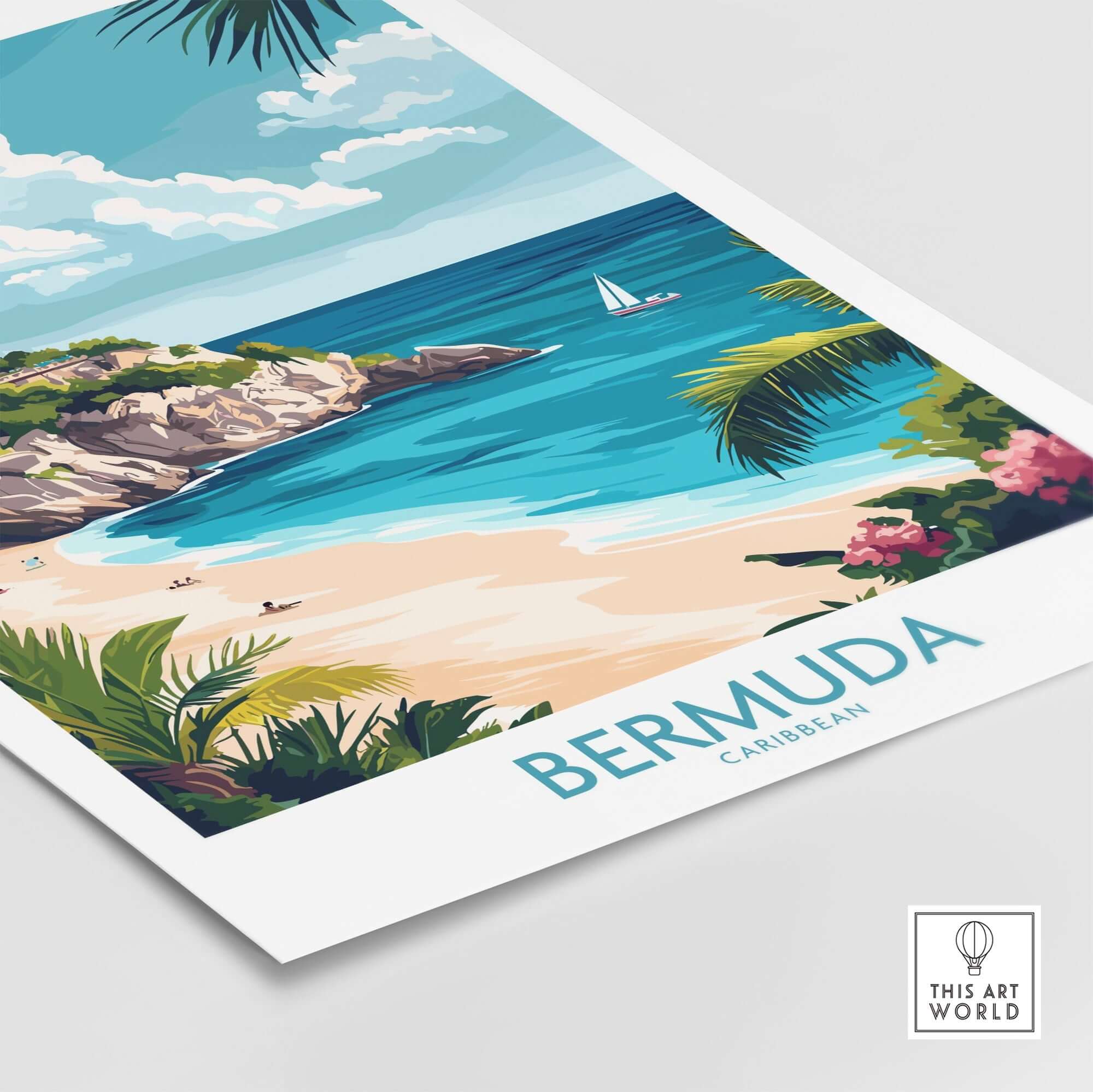 Bermuda Travel Poster showcasing vibrant beach scenery with tropical plants and crystal clear waters.