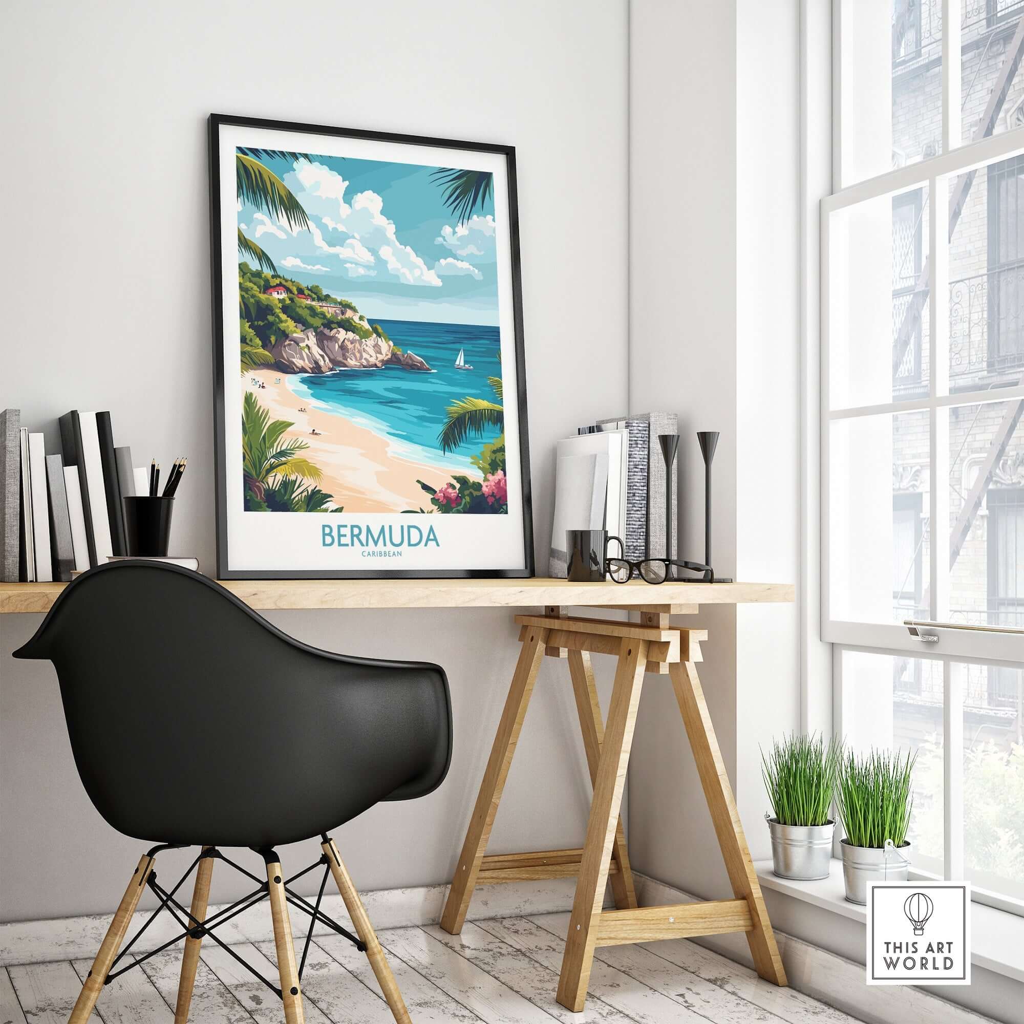 Bermuda Travel Poster featuring a beautiful beach scene, perfect for inspiring wanderlust in any space.
