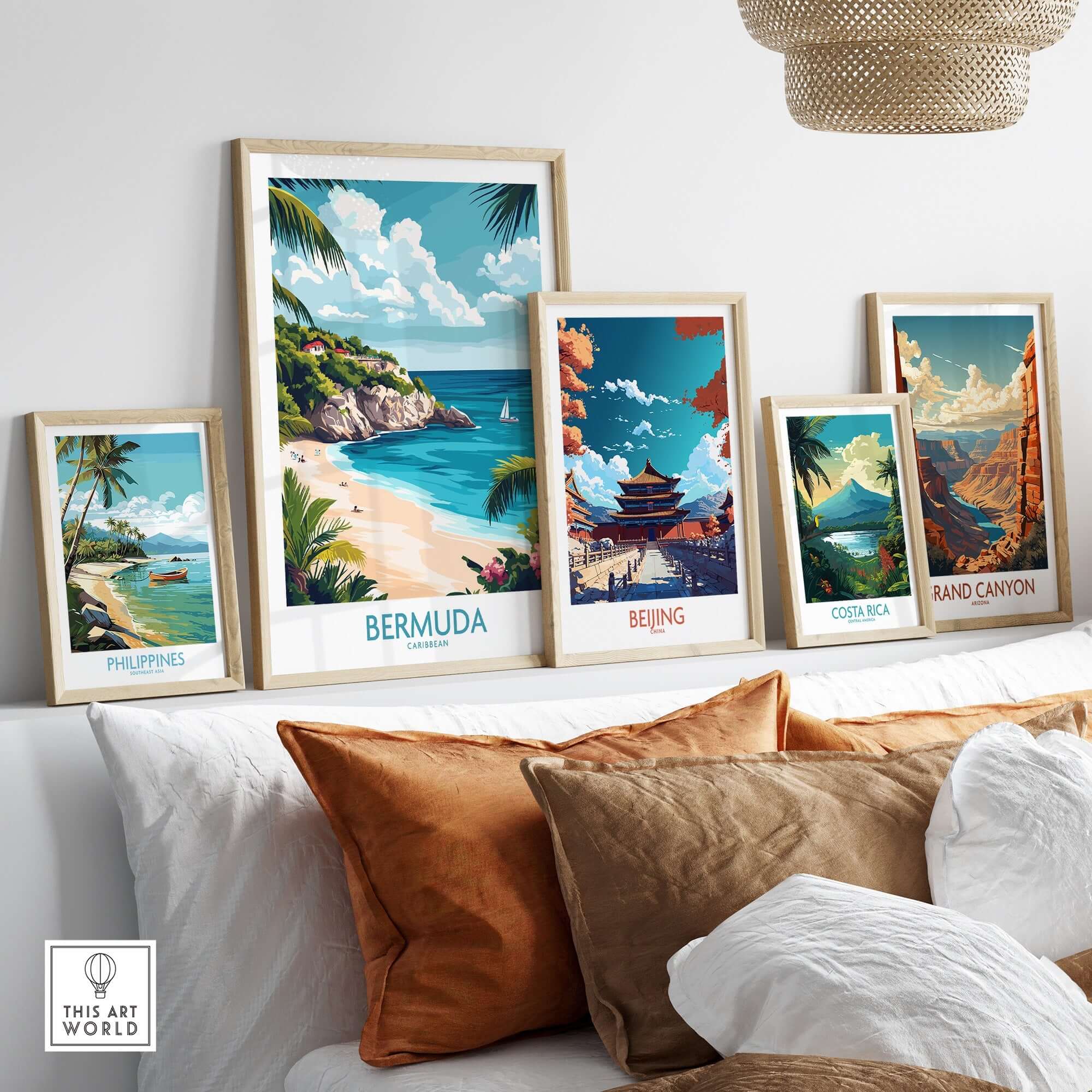 Bermuda Travel Poster framed among other travel posters on a stylish wall, showcasing beautiful tropical destinations.