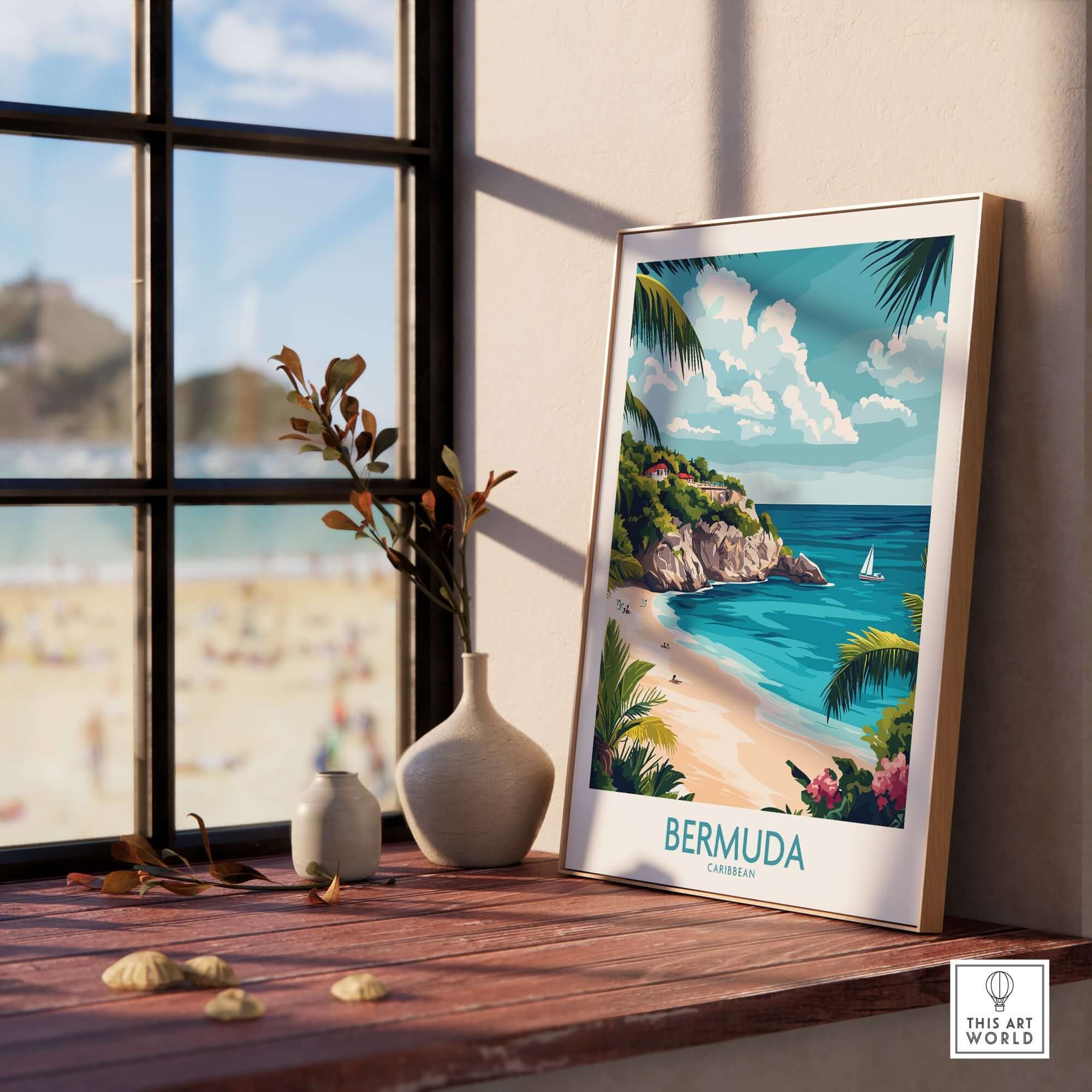 Bermuda Travel Poster showcasing a tropical beach scene with vibrant colors and intricate details.