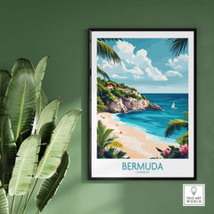 Bermuda Travel Poster featuring a beautiful beach scene with turquoise waters and lush greenery.