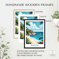Bermuda Travel Poster framed in three styles: natural, white, and black. Handmade wooden frames ready to hang.