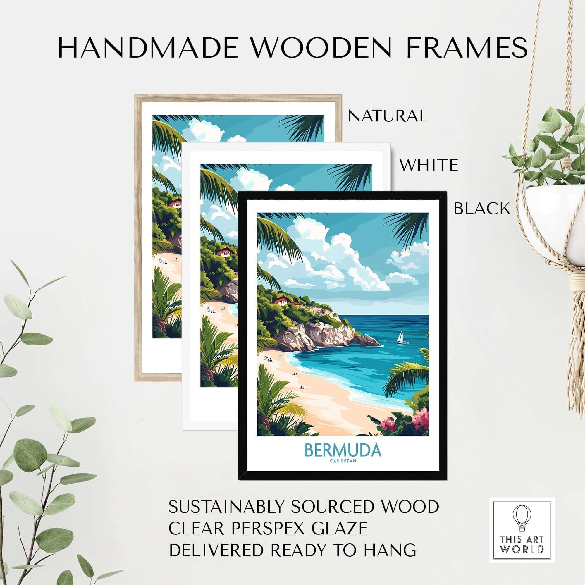 Bermuda Travel Poster framed in three styles: natural, white, and black. Handmade wooden frames ready to hang.