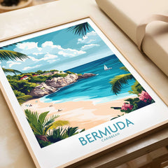 Bermuda Travel Poster featuring a vibrant beach scene with palm trees and a sailboat in the Caribbean.
