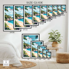 Bermuda Travel Print size guide featuring framed prints in various dimensions with tropical beach design.