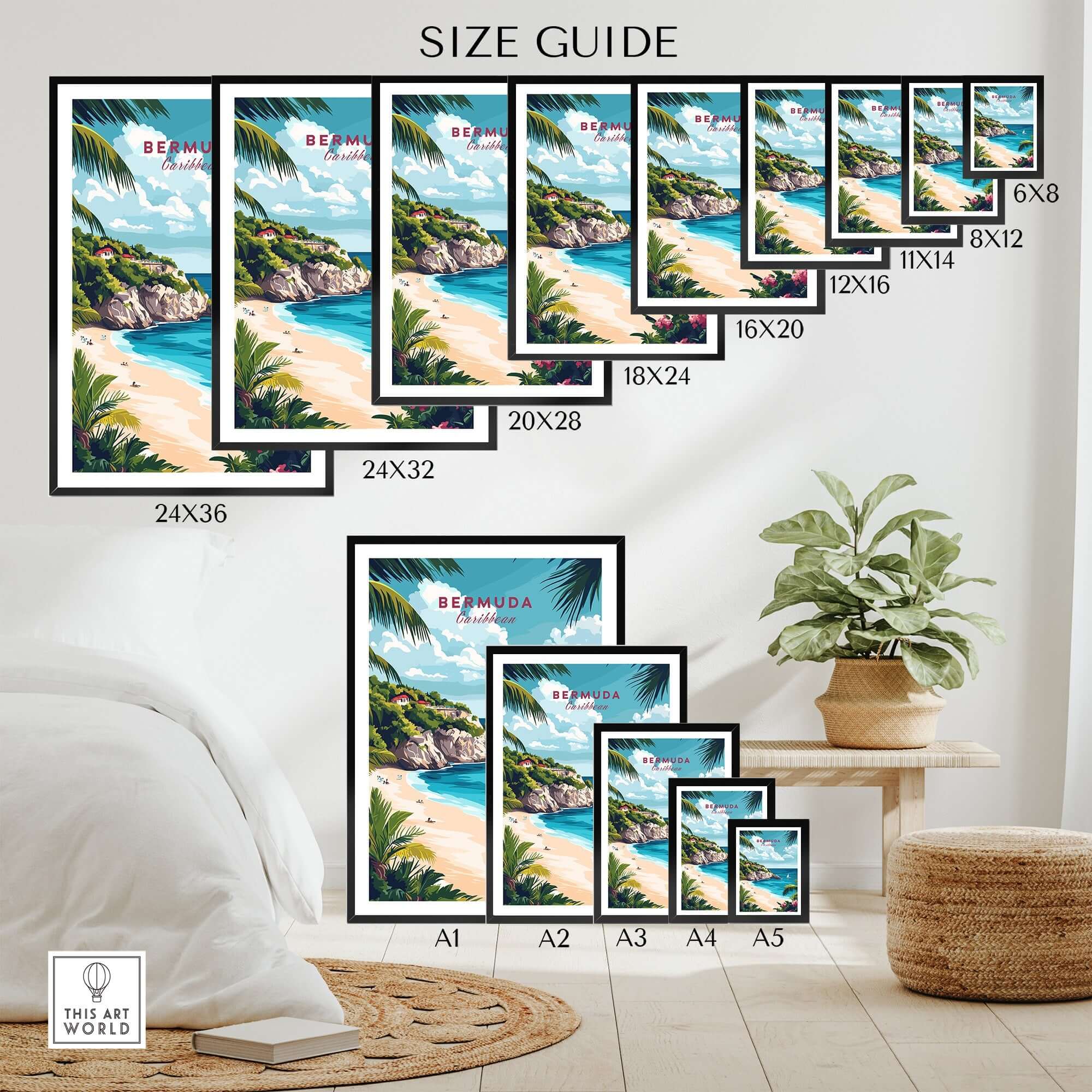 Bermuda Travel Print size guide featuring framed prints in various dimensions with tropical beach design.