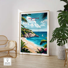 Bermuda Travel Print featuring vibrant blue waters and pink sand beaches in a beautiful coastal scene.