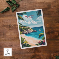 Bermuda Travel Print showcasing vibrant blue waters and pink sand beaches of Bermuda.