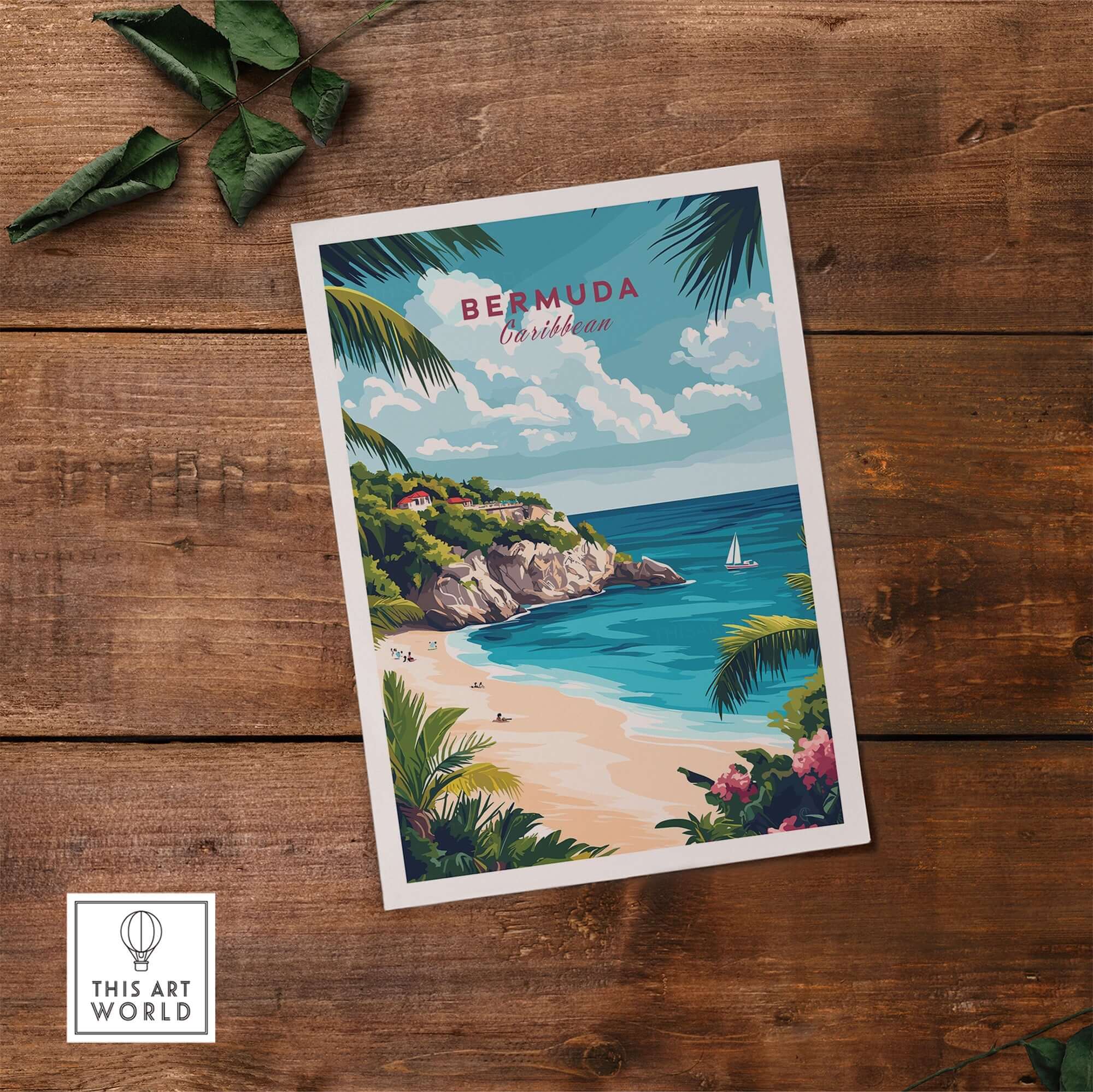 Bermuda Travel Print showcasing vibrant blue waters and pink sand beaches of Bermuda.