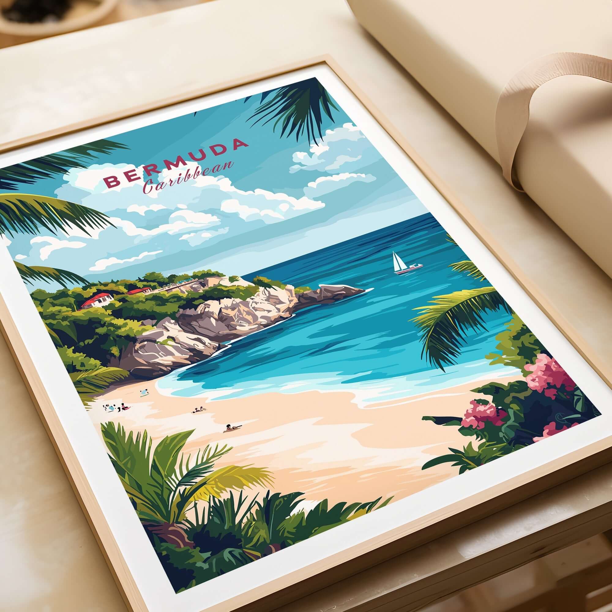 Bermuda Travel Print featuring vibrant colors and a scenic tropical beach view with blue waters and palm trees.
