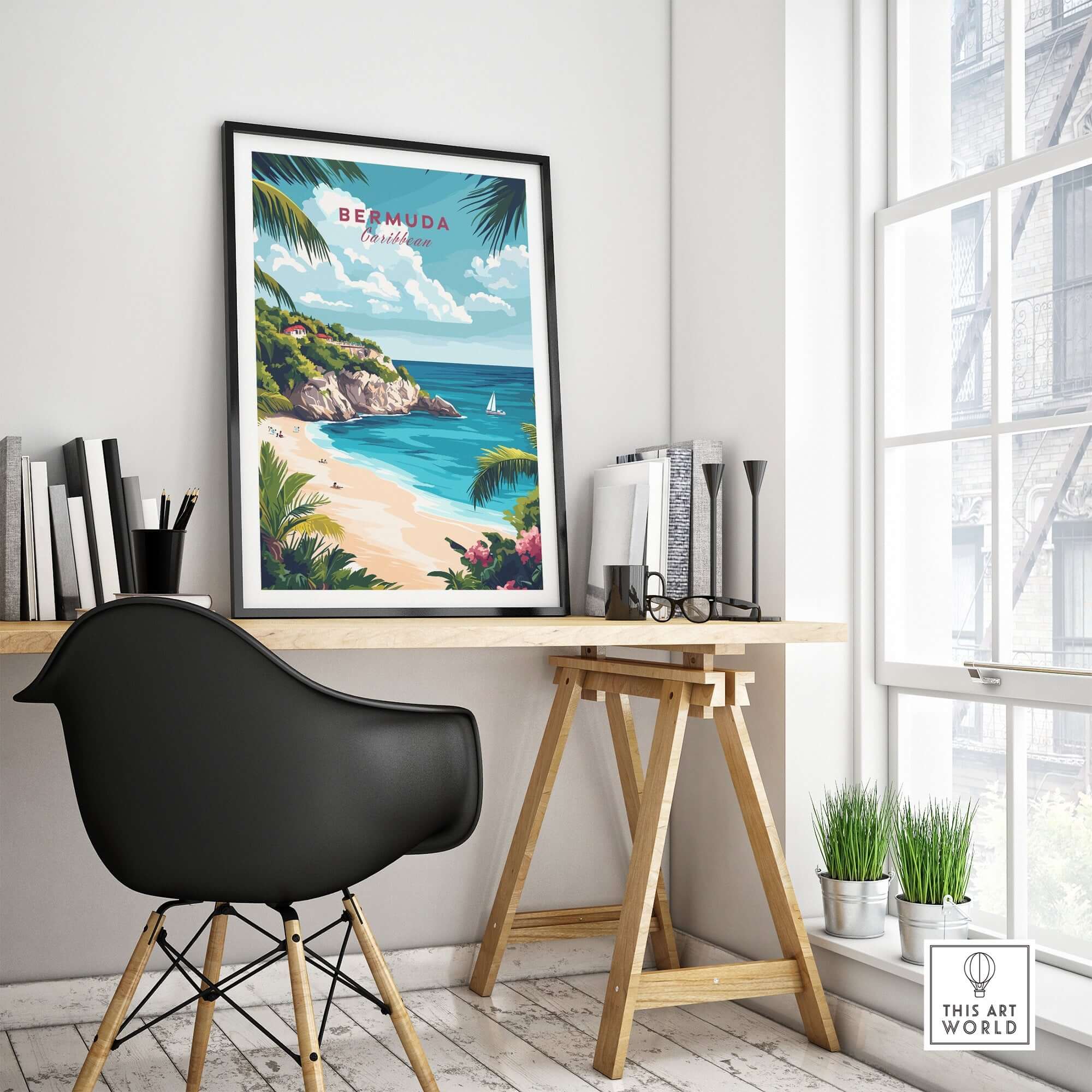 Bermuda Travel Print featuring picturesque blue waters and pink sand beaches in a stylish home office setting.