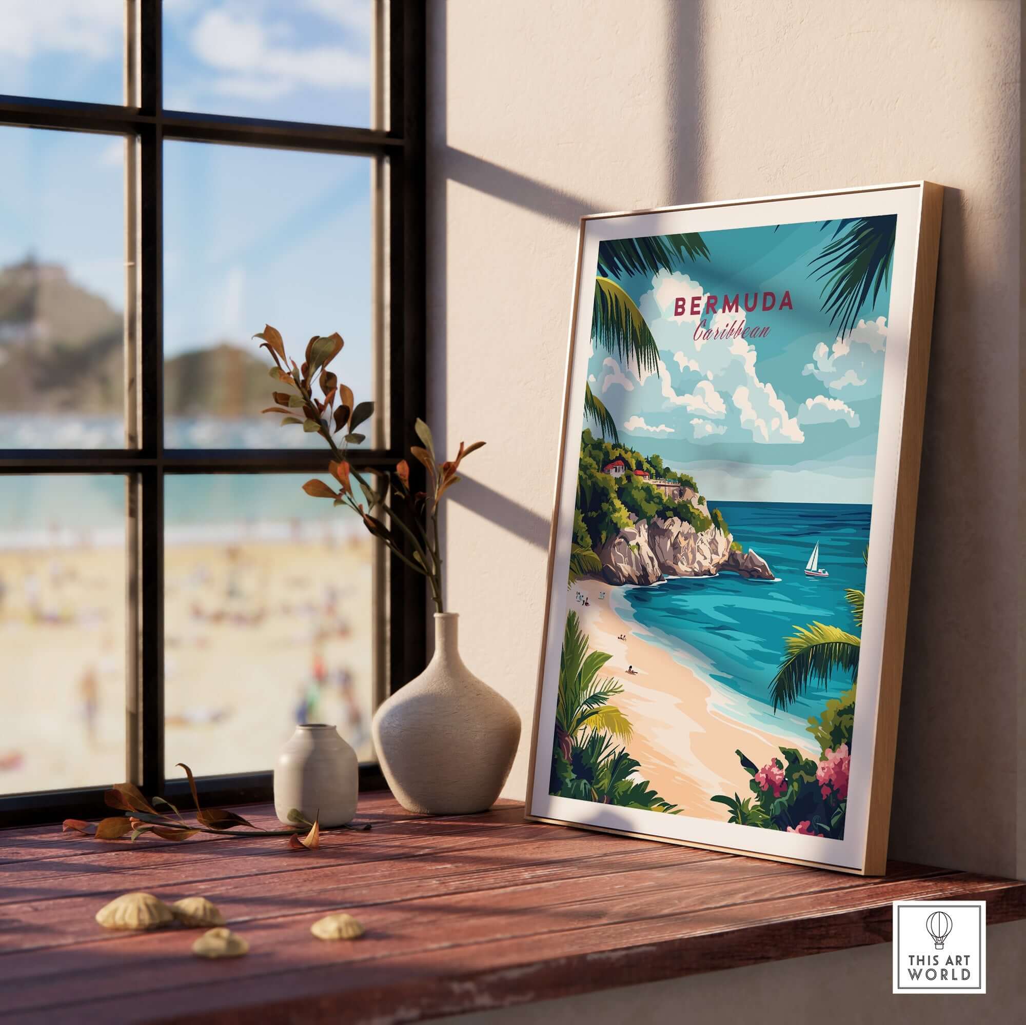 Bermuda Travel Print showcasing vibrant beach colors, tropical scenery, and inviting atmosphere in a stylish frame.