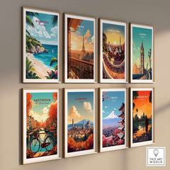 Bermuda Travel Print showcasing vibrant beach scenery and city skylines in a stylish gallery wall display.