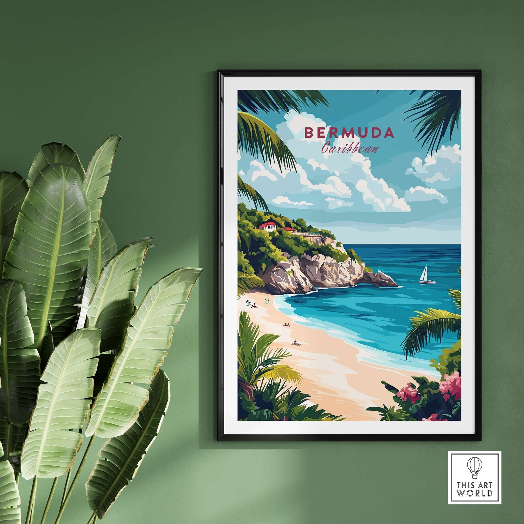 Bermuda Travel Print showcasing vibrant blue waters and lush greenery, ideal for home decor.