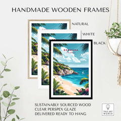 Bermuda Travel Print in handmade wooden frames: natural, white, and black options, showcasing sustainably sourced wood.