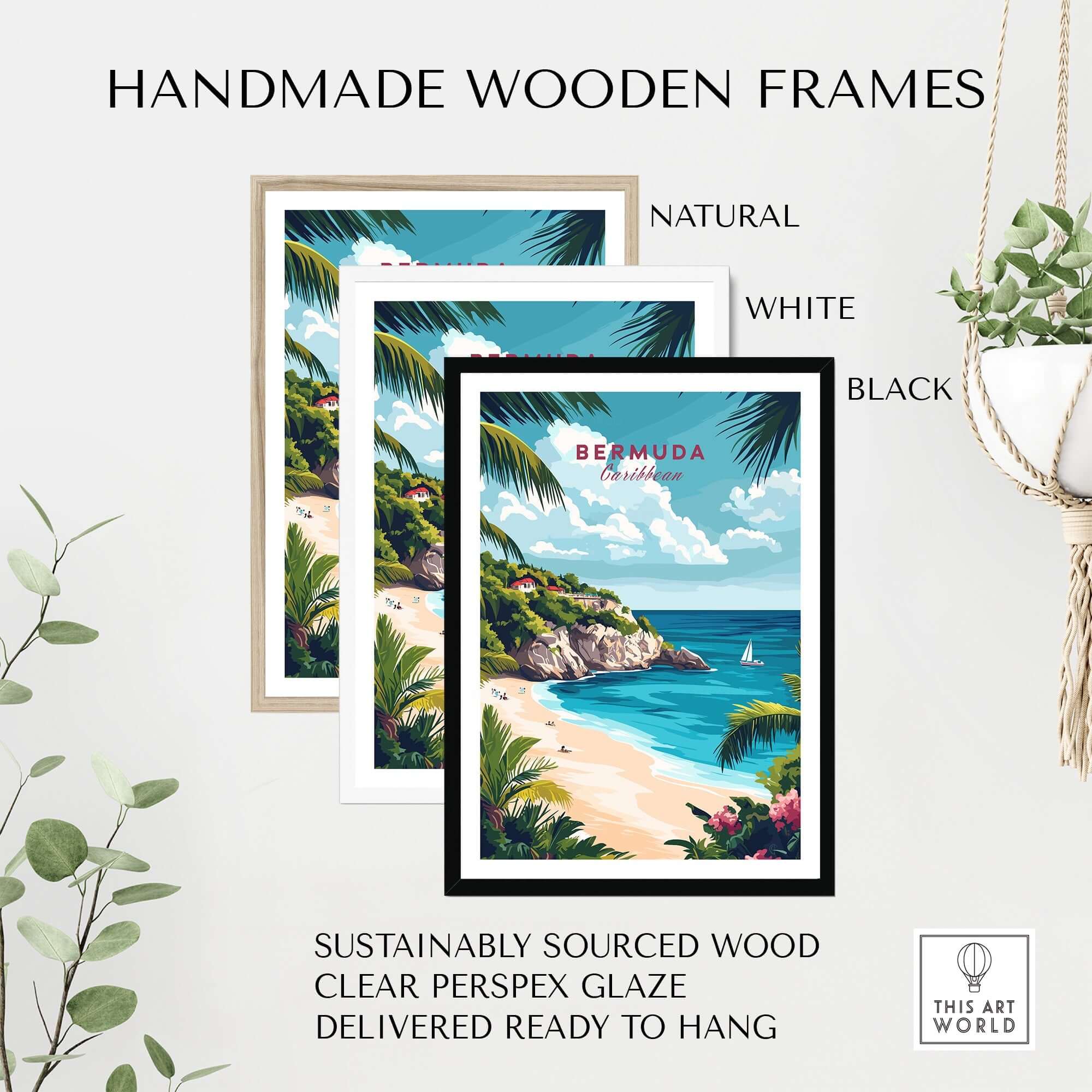 Bermuda Travel Print in handmade wooden frames: natural, white, and black options, showcasing sustainably sourced wood.