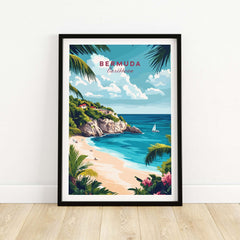 Bermuda Travel Print featuring a stunning beach with turquoise waters and tropical scenery.