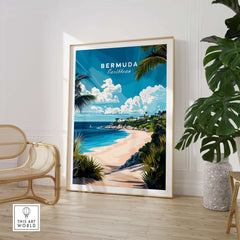 Bermuda Wall Art showcasing a vibrant beach scene with tropical plants, bringing island vibes to your home.