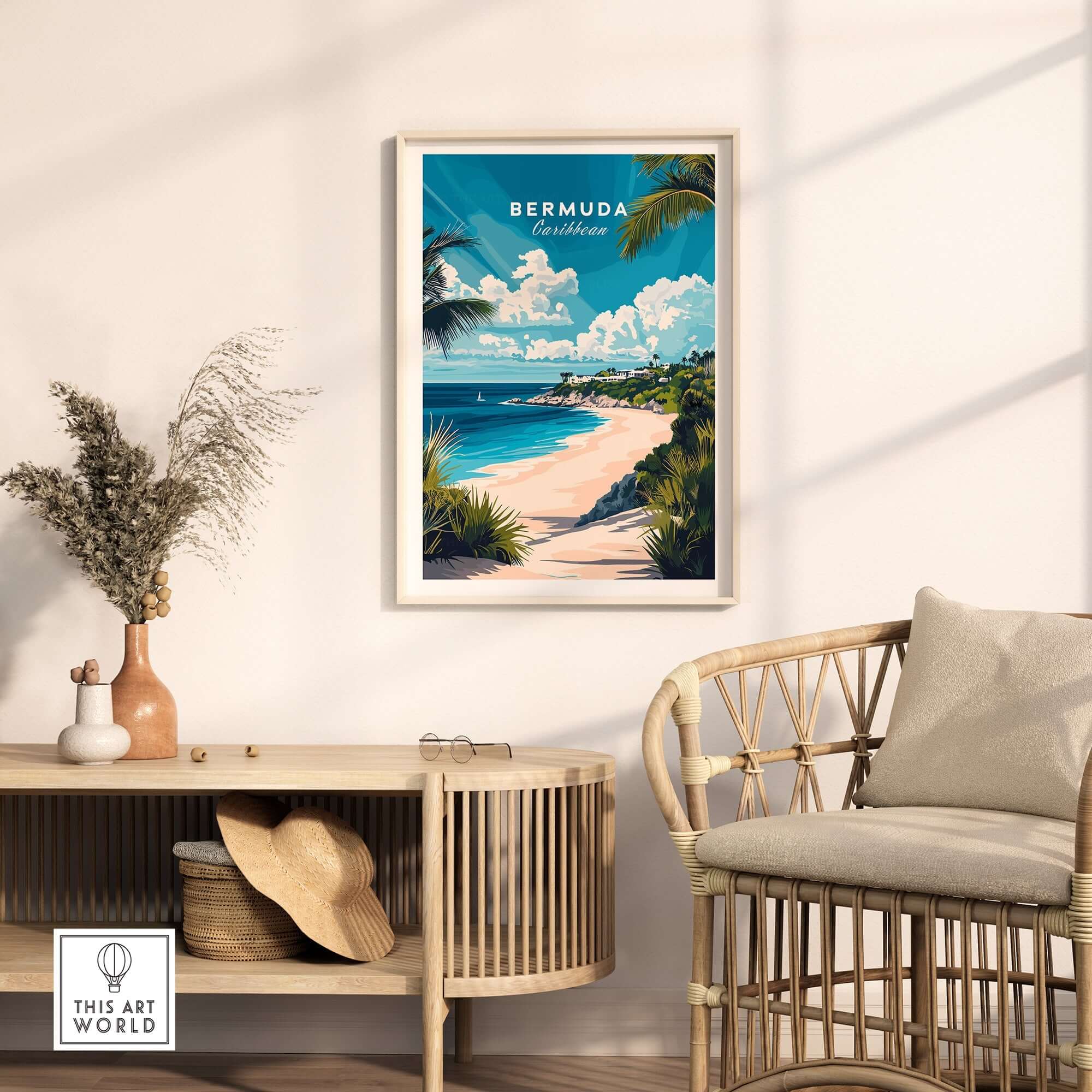 Bermuda Wall Art featuring a beautiful beach and vibrant colors in a stylish interior setting.