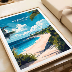 Bermuda Wall Art featuring vibrant Caribbean beach landscape with palm trees and blue skies.