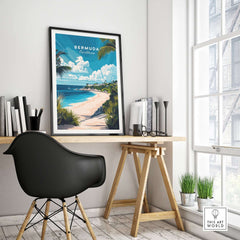 Bermuda Wall Art displayed in a bright office setting, showcasing vibrant colors and tropical beach details.