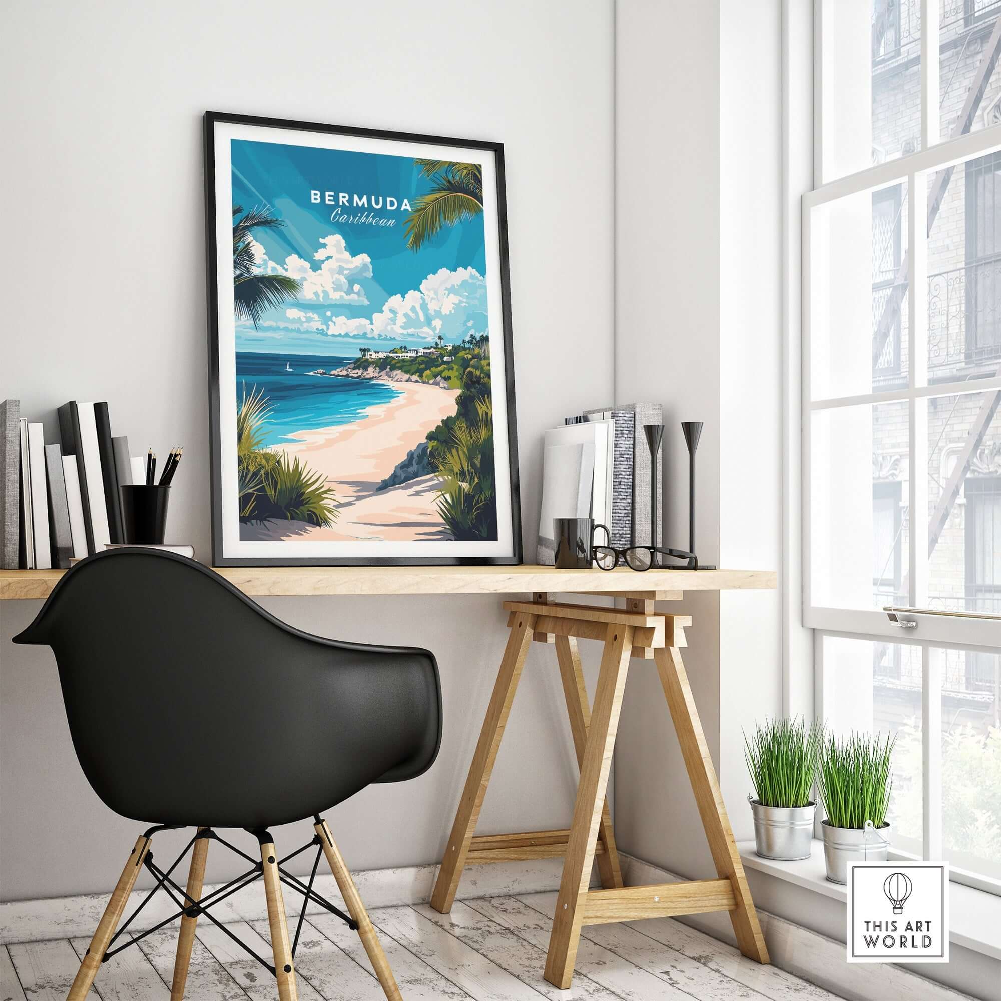 Bermuda Wall Art displayed in a bright office setting, showcasing vibrant colors and tropical beach details.