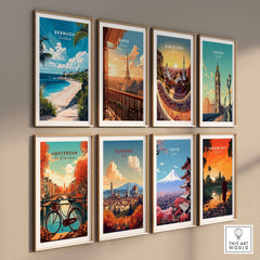 Bermuda Wall Art featuring vibrant paradise scenes alongside other iconic travel posters.