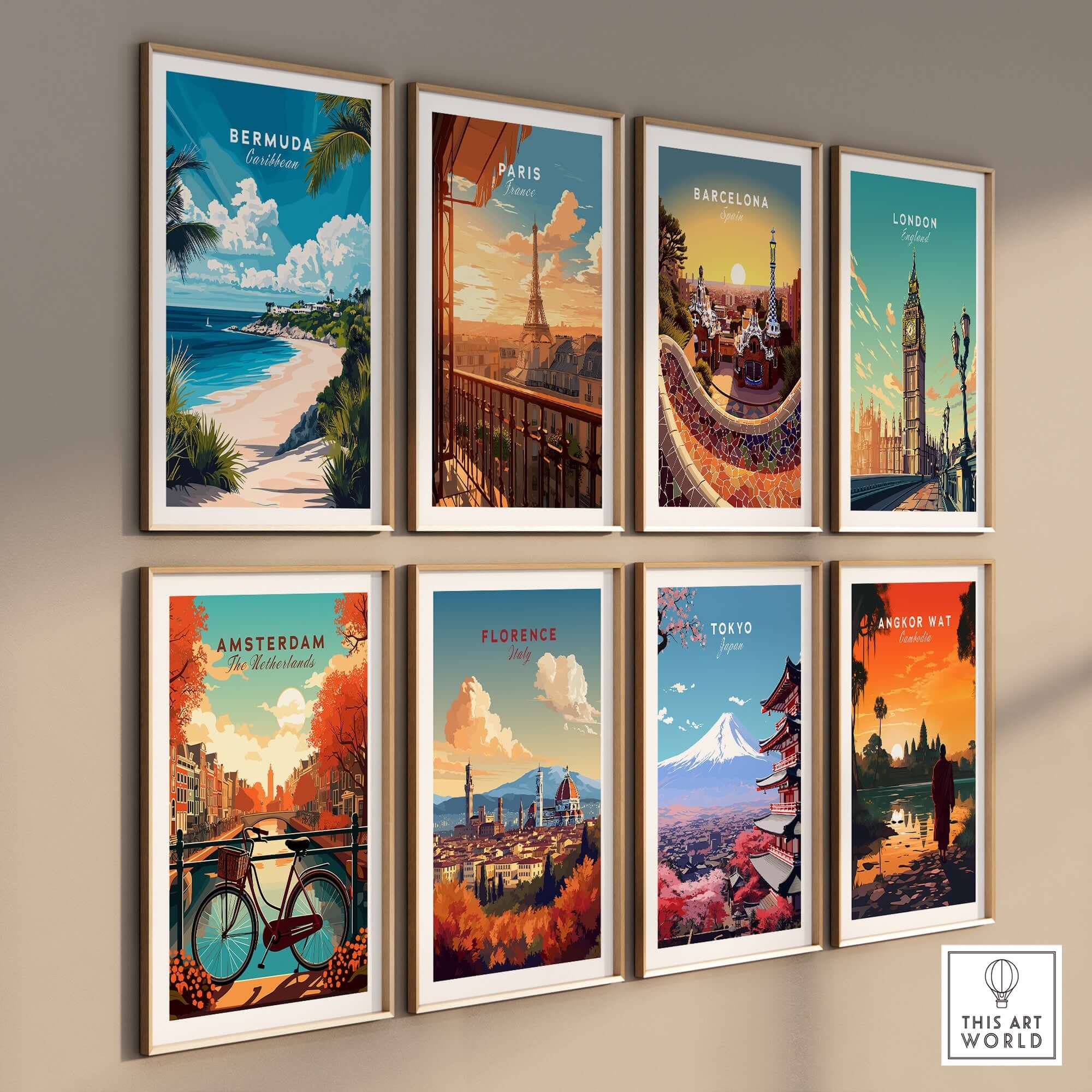 Bermuda Wall Art featuring vibrant paradise scenes alongside other iconic travel posters.
