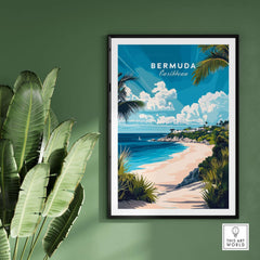 Bermuda Wall Art showcasing a vibrant beach scene with palm trees and crystal blue waters.
