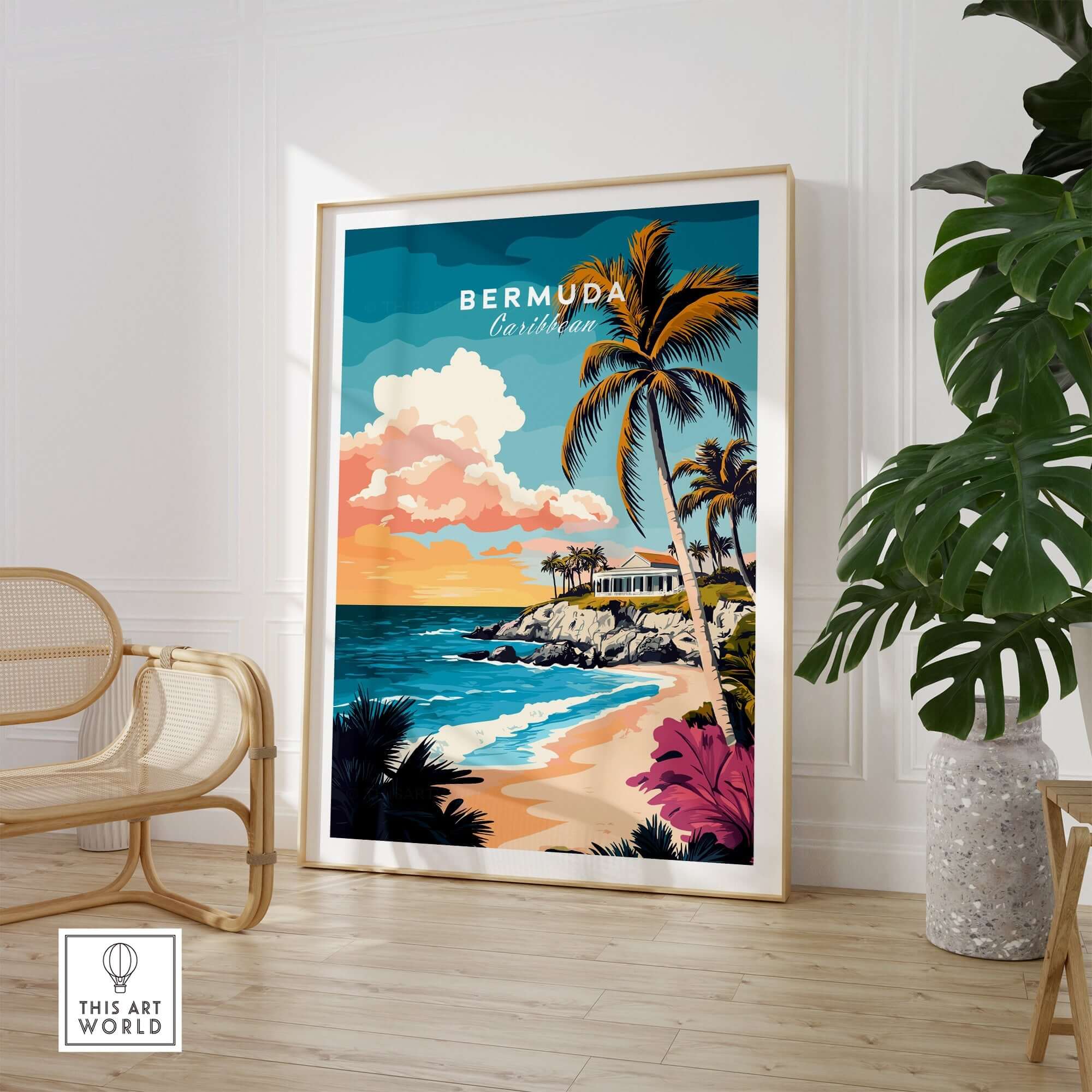 Bermuda Wall Art Poster showcasing tropical paradise with palm trees and ocean views.