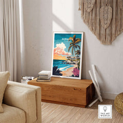 Bermuda Wall Art Poster in a stylish home setting with vibrant colors and tropical landscape, perfect for decor.