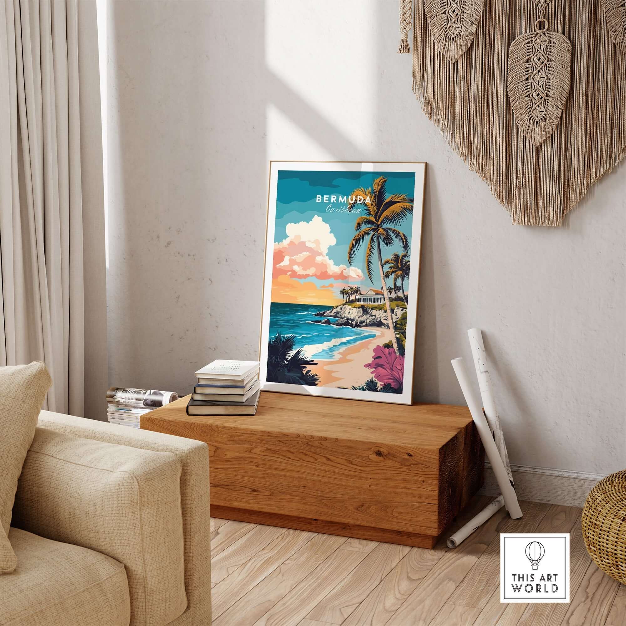 Bermuda Wall Art Poster in a stylish home setting with vibrant colors and tropical landscape, perfect for decor.