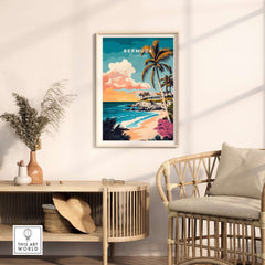 Bermuda Wall Art Poster displayed in a cozy living room with a stylish chair and tropical decor.