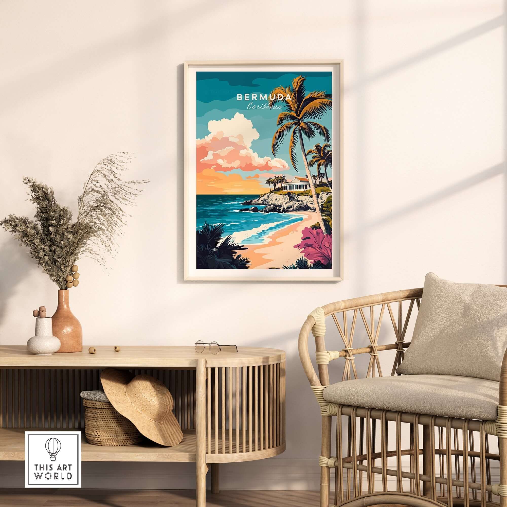 Bermuda Wall Art Poster displayed in a cozy living room with a stylish chair and tropical decor.