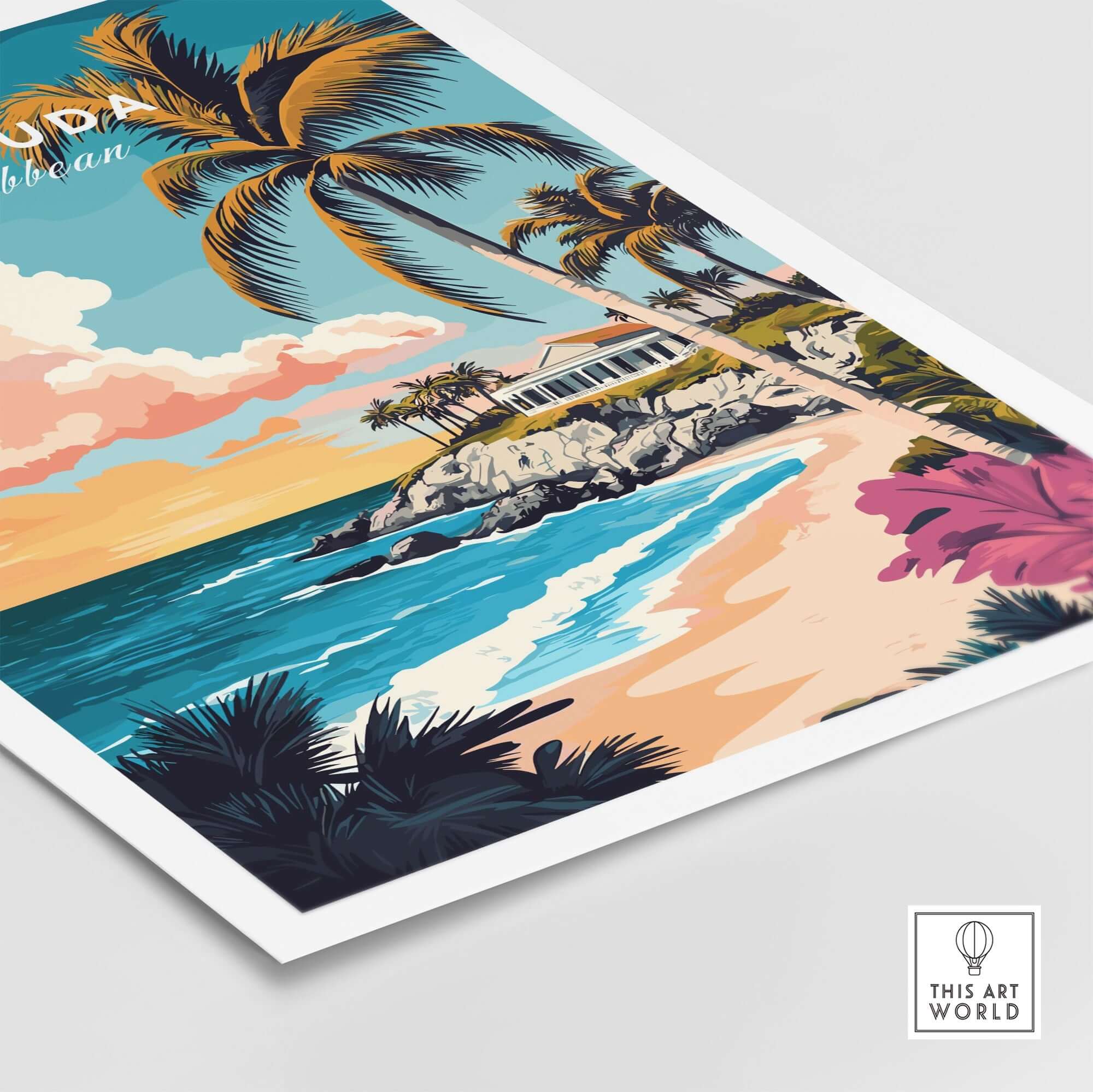 Bermuda Wall Art Poster featuring vibrant tropical landscape and palm trees, an escape to the beautiful island paradise.