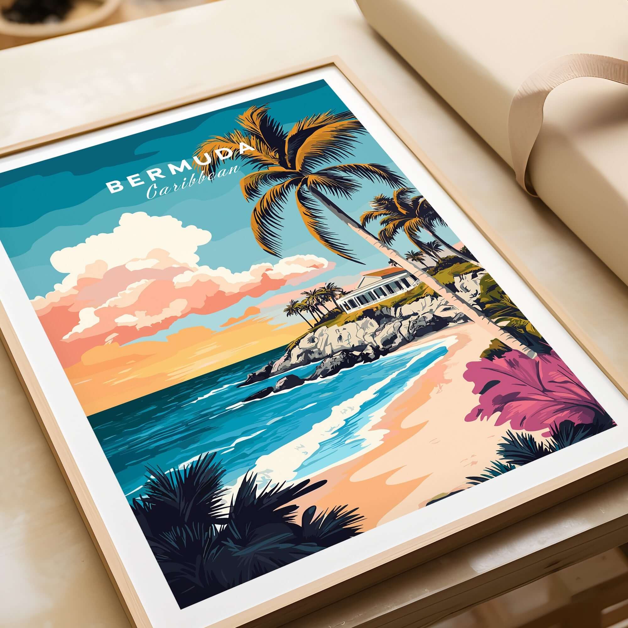 Bermuda Wall Art Poster featuring vibrant tropical landscape with palm trees and ocean view.