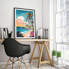 Bermuda Wall Art Poster displayed in a modern home office with vibrant tropical landscape.