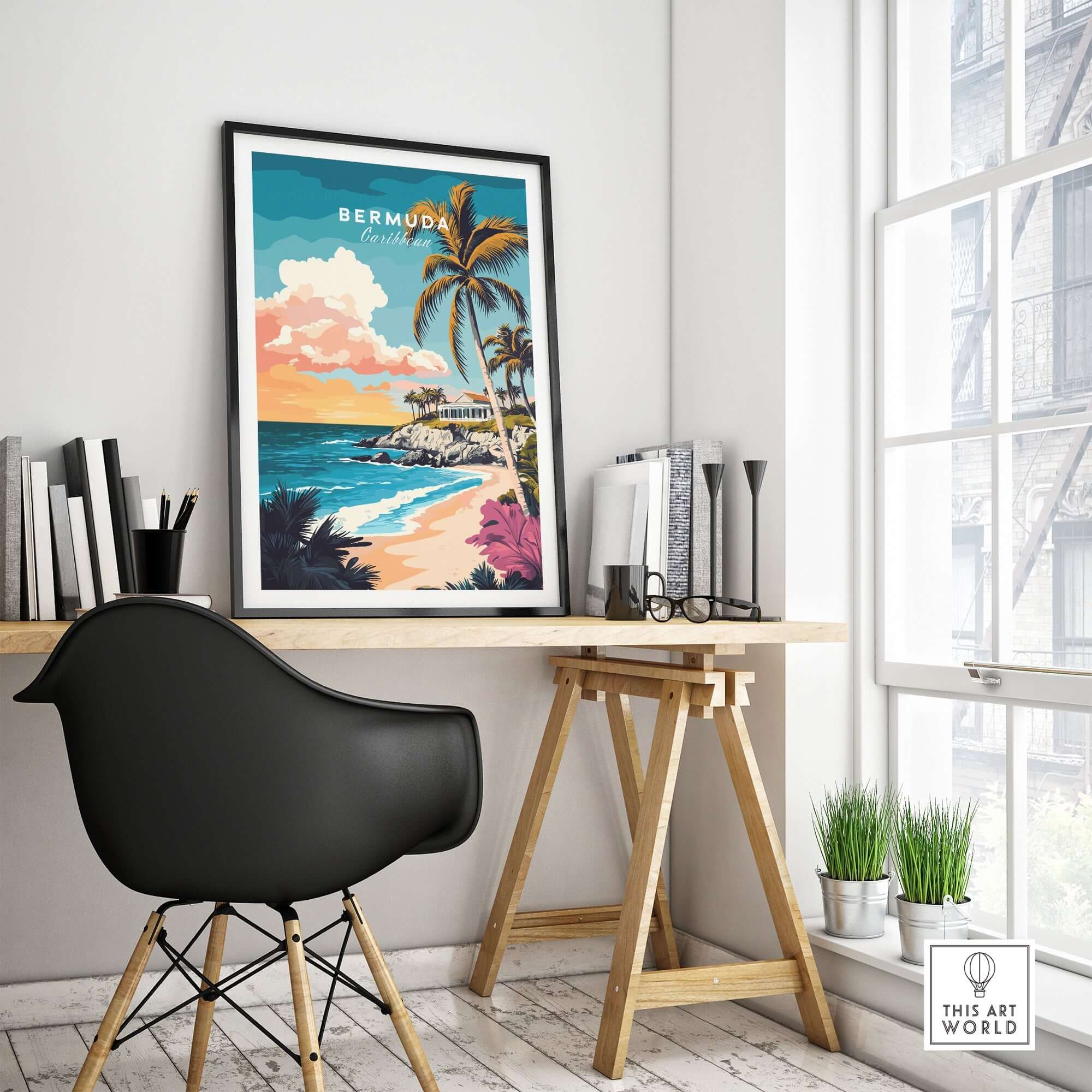 Bermuda Wall Art Poster displayed in a modern home office with vibrant tropical landscape.
