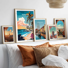 Bermuda Wall Art Poster and travel prints displayed in stylish frames on a cozy bed, creating a tropical oasis vibe.