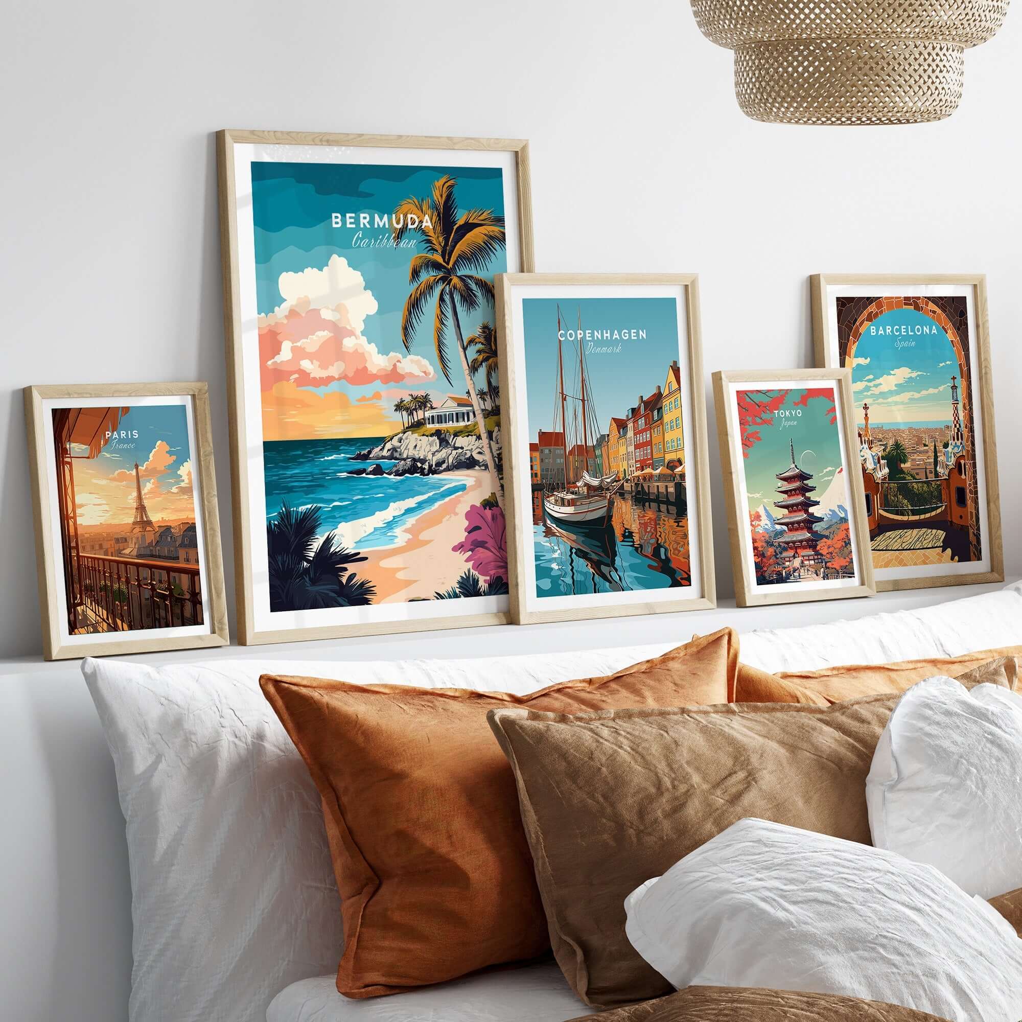 Bermuda Wall Art Poster and travel prints displayed in stylish frames on a cozy bed, creating a tropical oasis vibe.