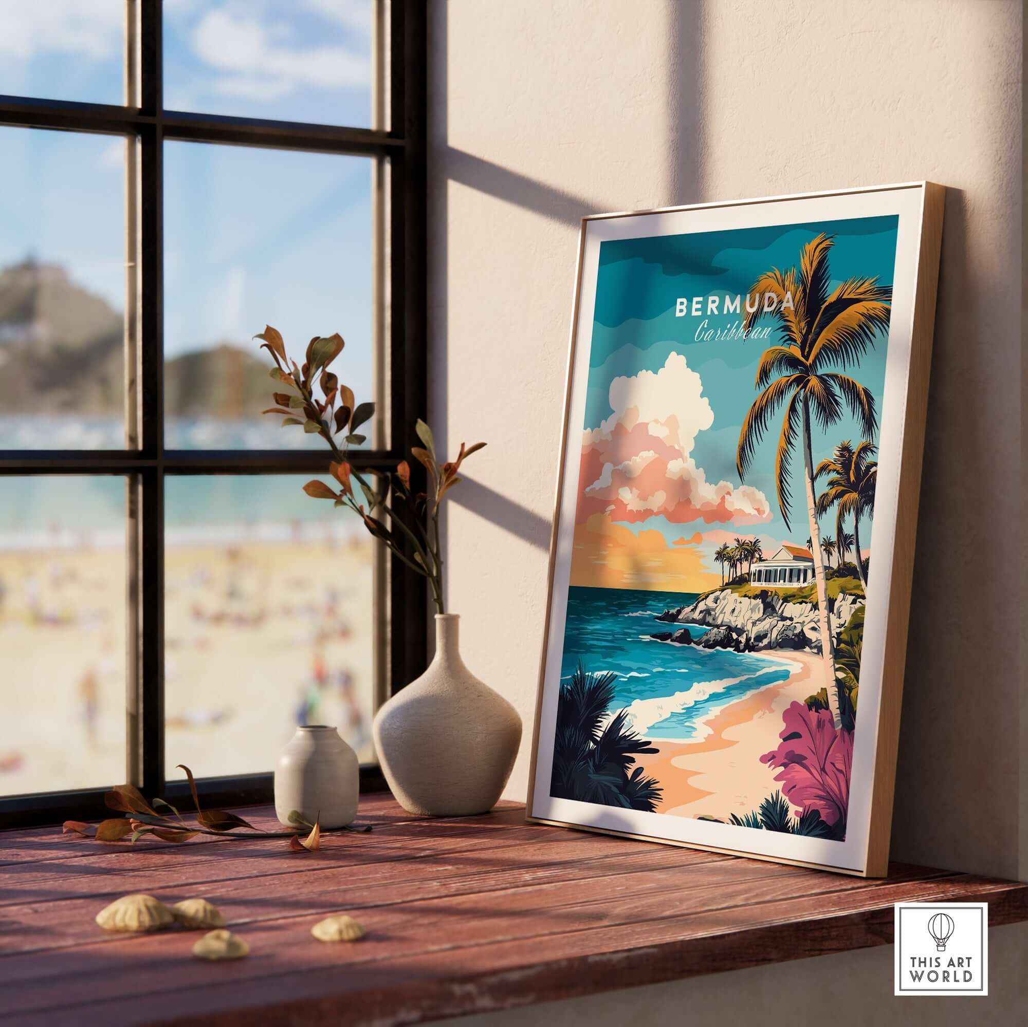 Bermuda Wall Art Poster featuring vibrant coastal scene and palm trees, perfect for transforming your home into a tropical oasis.