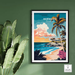 Bermuda Wall Art Poster showcasing vibrant tropical landscape with palm trees and ocean view.