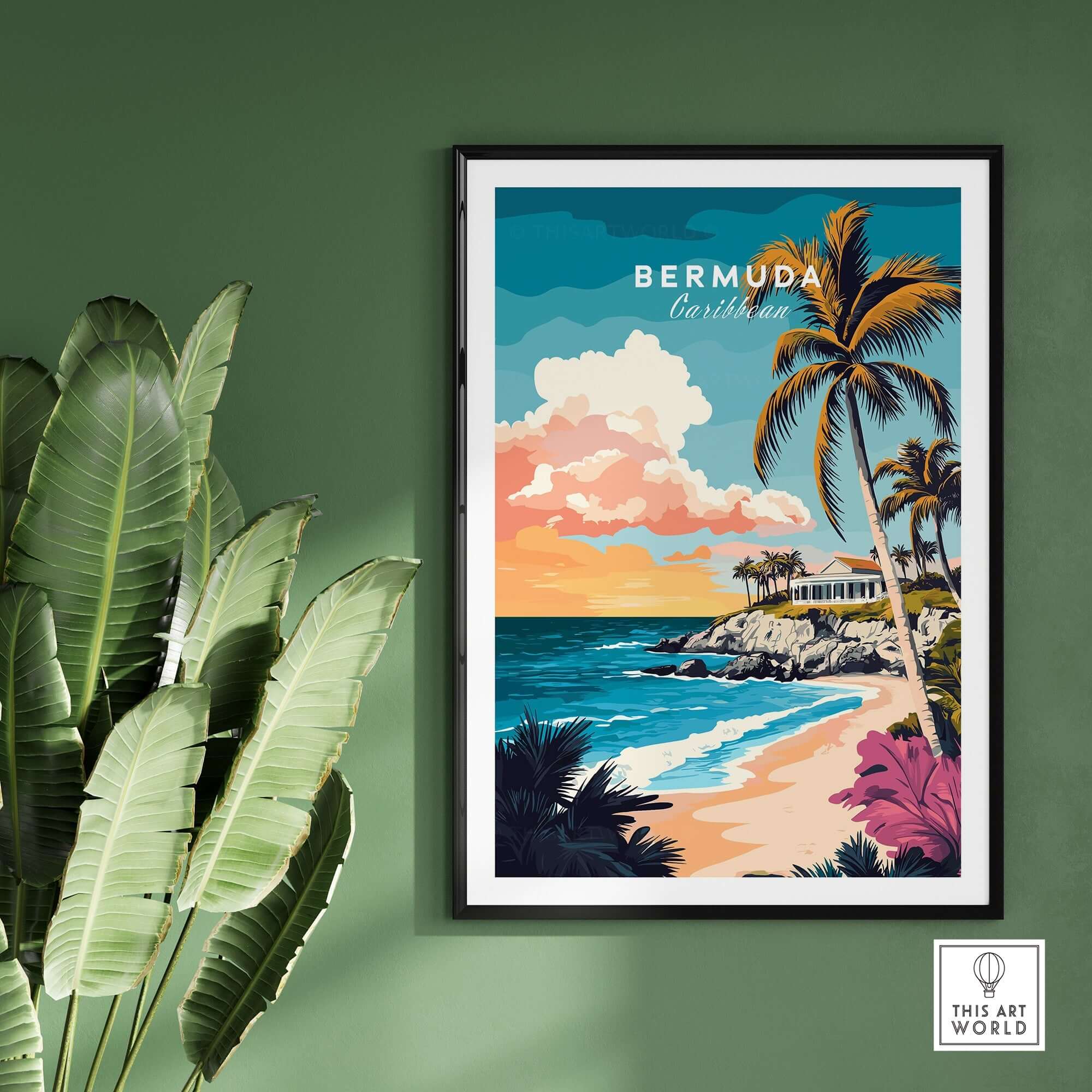Bermuda Wall Art Poster showcasing vibrant tropical landscape with palm trees and ocean view.