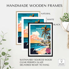 Bermuda Wall Art Poster in handmade wooden frames, natural, white, and black options, sustainably sourced wood, ready to hang.