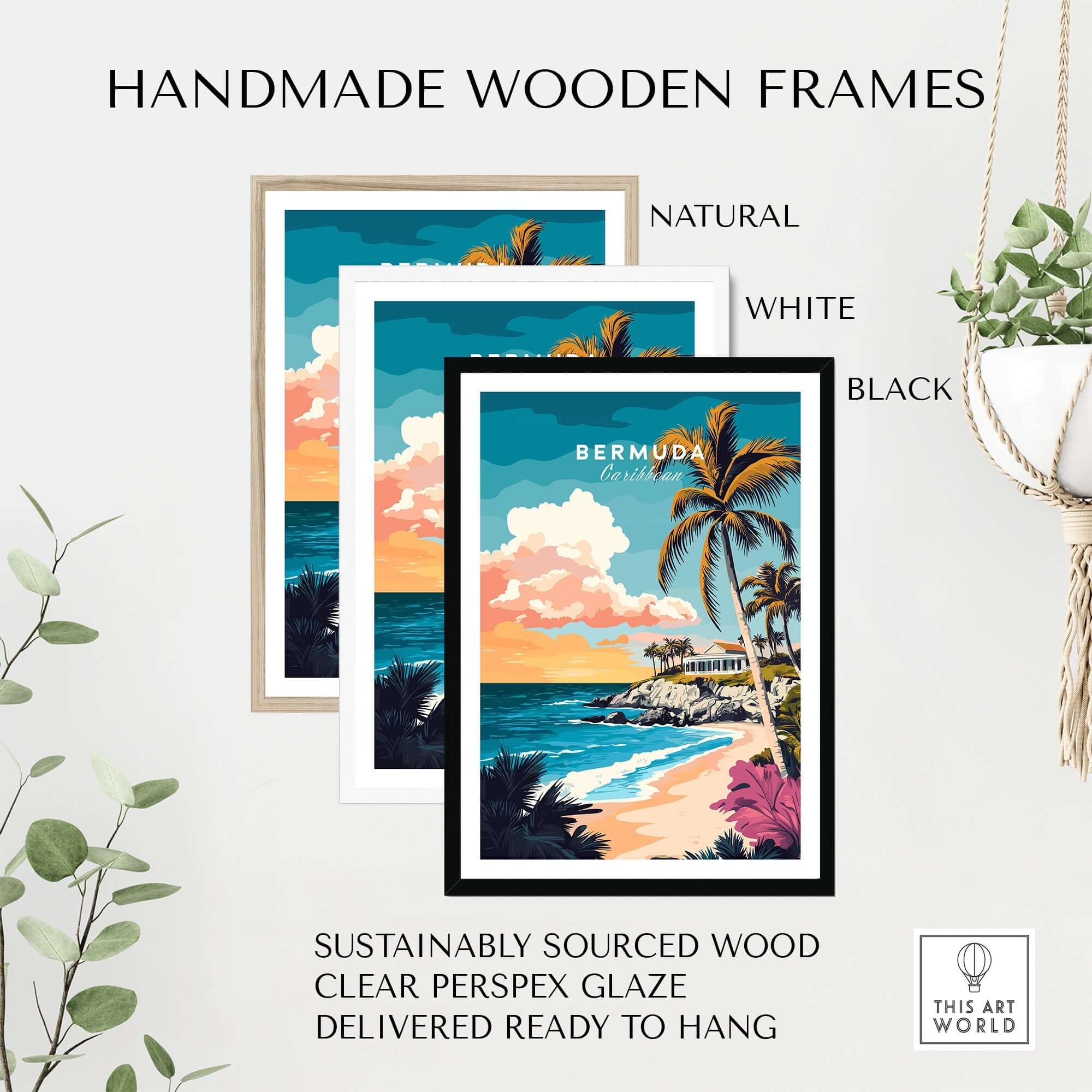 Bermuda Wall Art Poster in handmade wooden frames, natural, white, and black options, sustainably sourced wood, ready to hang.
